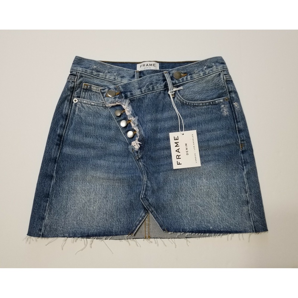 FRAME Ophelia Exposed Button Asymmetric Overlap Denim Mini Skirt 24 - Picture 9 of 13